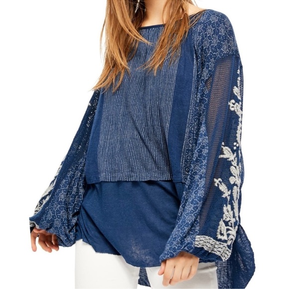 Free People Blue Indigo Dreams Embroidered Tunic Dress Top NWT - Picture 2 of 10